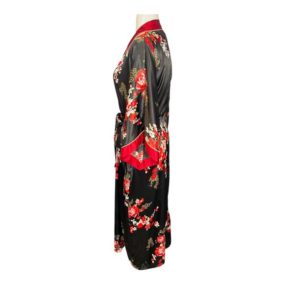 Jones New York Floral Satin Kimono Robe Black Red L/XL Belted Long Sleeve Silky - Picture 7 of 16